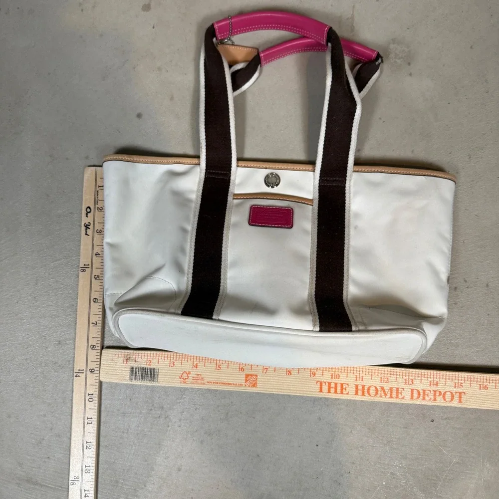 Coach 6261 reversable White Canvas Tote Bag Brown Stripe Pink Leather vtg Y2K - Picture 6 of 7